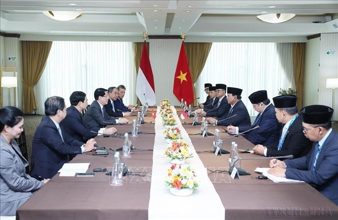 Trong chương trình tham dự Tuần lễ cấp cao Diễn đàn Hợp tác kinh tế châu Á-Thái Bình Dương (APEC) 2024 tại Thủ đô Lima, Peru, chiều 15/11/2024 (sáng 16/11, giờ Việt Nam), Chủ tịch nước Lương Cường gặp Tổng thống Indonesia Prabowo Subianto. Ảnh: Lâm Khánh – TTXVN