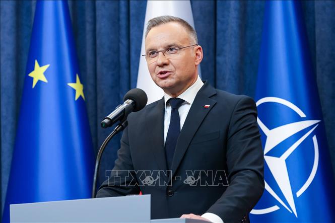 Tổng thống Ba Lan Andrzej Duda trong cuộc họp báo tại Warsaw, ngày 18/2/2025. Ảnh: PAP/TTXVN