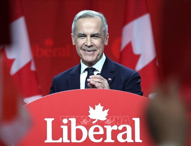 Ông Mark Carney phát biểu sau khi được bầu làm lãnh đạo đảng Tự do cầm quyền Canada tại thủ đô Ottawa, ngày 9/3/2025. Ảnh: Getty Images/TTXVN  
