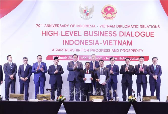 Party General Secretary To Lam witnesses the exchange of bilateral cooperation documents between the two countries' businesses. VNA Photo: Thống Nhất