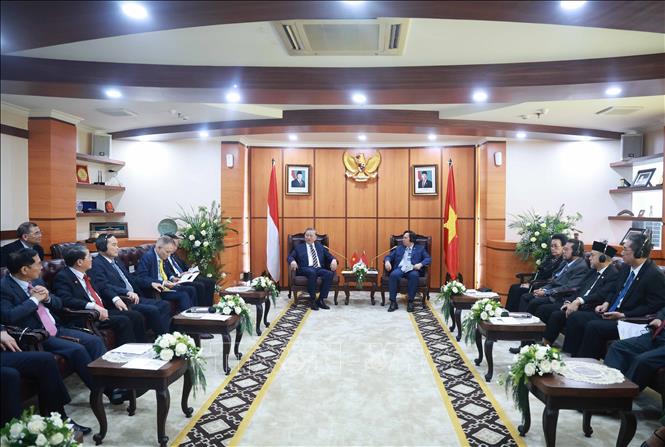 A view of the meeting between Party General Secretary To Lam and Speaker of the House of Regional Representatives of Indonesia Sultan Bachtiar Najamudin. VNA Photo: Thống Nhất