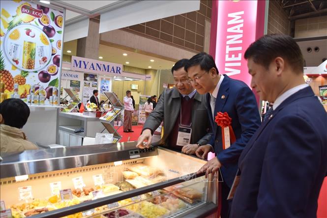 Doanh nghiệp Việt Nam giới thiệu những sản phẩm rau, củ, trái cây chế biến đang được ưa chuộng tại thị trường Nhật Bản. Ảnh: Nguyễn Tuyến - PV TTXVN tại Nhật Bản