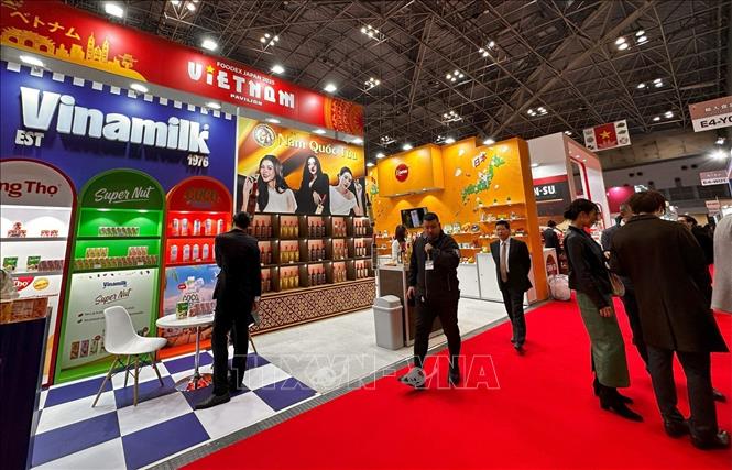 Khu vực trưng bày của Vinamilk tại Foodex Japan 2025. Ảnh: Nguyễn Tuyến - PV TTXVN tại Nhật Bản