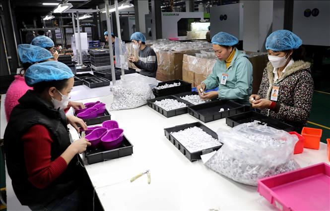 Công nhân Công Ty TNHH Nhựa Cotec (Khu công nghiệp Phúc Khánh, thành phố Thái Bình) sản xuất các sản phẩm. Ảnh: Thế Duyệt - TTXVN