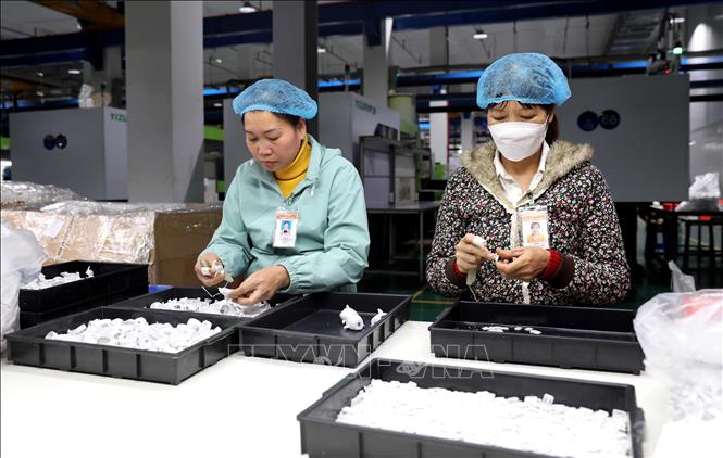 Công nhân Công Ty TNHH Nhựa Cotec (Khu công nghiệp Phúc Khánh, thành phố Thái Bình) sản xuất các sản phẩm. Ảnh: Thế Duyệt - TTXVN