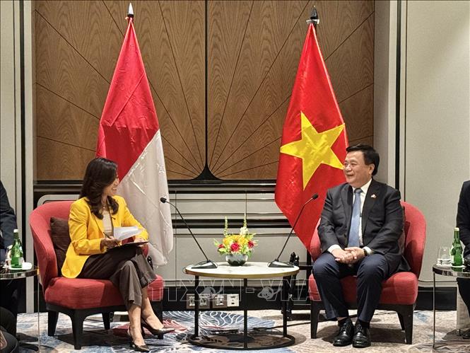 Đồng chí Nguyễn Xuân Thắng và bà Meutya Viada Hafid tại cuộc gặp. Ảnh: Đỗ Quyên - PV TTXVN tại Indonesia
