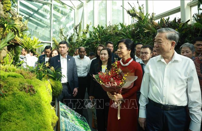 Party General Secretary To Lam and his spouse Ngo Phuong Ly visit the Singapore Botanic Gardens on March 12. VNA Photo: Thống Nhất