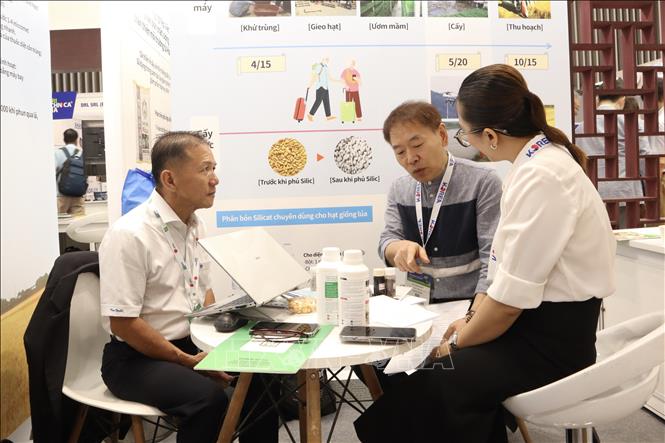 Doanh nghiệp trao đổi cơ hội hợp tác trong khuôn khổ AGRITECHNICA ASIA 2025 và HortEx Vietnam 2025. Ảnh: Xuân Anh - TTXVN