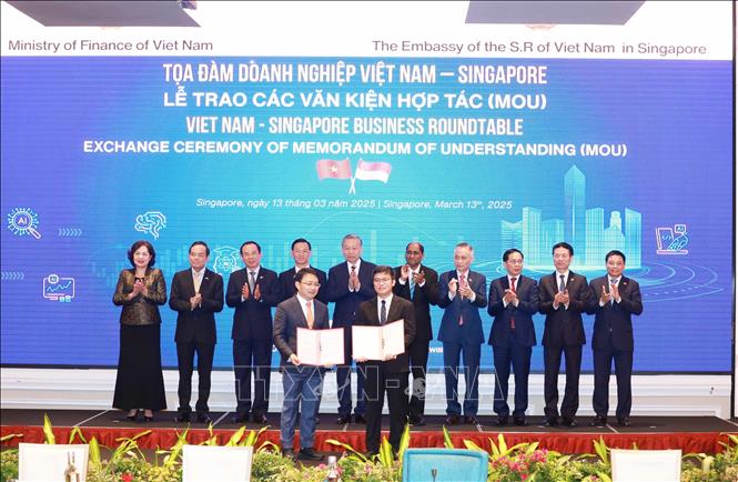 Tổng Bí thư Tô Lâm chứng kiến trao văn kiện hợp tác giữa doanh nghiệp hai nước. Ảnh: Thống Nhất – TTXVN