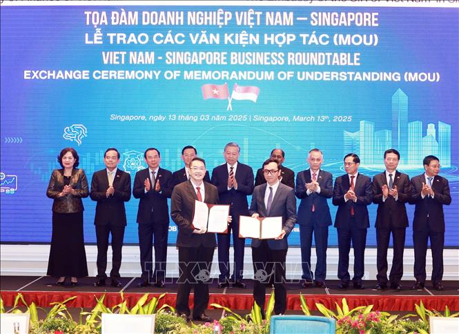 Tổng Bí thư Tô Lâm chứng kiến trao văn kiện hợp tác giữa doanh nghiệp hai nước. Ảnh: Thống Nhất – TTXVN