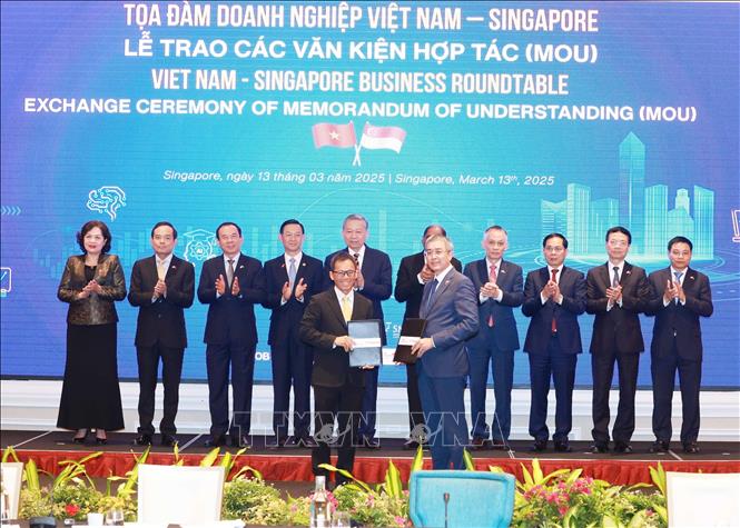 Tổng Bí thư Tô Lâm chứng kiến trao văn kiện hợp tác giữa doanh nghiệp hai nước. Ảnh: Thống Nhất – TTXVN