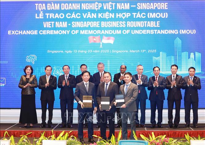 Tổng Bí thư Tô Lâm chứng kiến trao văn kiện hợp tác giữa doanh nghiệp hai nước. Ảnh: Thống Nhất – TTXVN