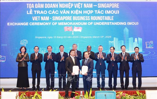 Tổng Bí thư Tô Lâm chứng kiến trao văn kiện hợp tác giữa doanh nghiệp hai nước. Ảnh: Thống Nhất – TTXVN