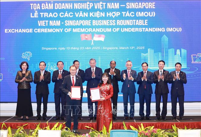 Tổng Bí thư Tô Lâm chứng kiến trao văn kiện hợp tác giữa doanh nghiệp hai nước. Ảnh: Thống Nhất – TTXVN