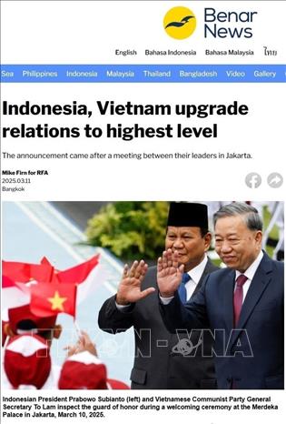 Trang benarnews.org (Mỹ) cũng ngày 11/3 nhận định việc Việt Nam và Indonesia nhất trí nâng cấp quan hệ lên cấp độ cao nhất là Đối tác chiến lược toàn diện nhằm phát huy những thành tựu đạt được kể khi thiết lập quan hệ đối tác chiến lược năm 2013. Nguồn: TTXVN