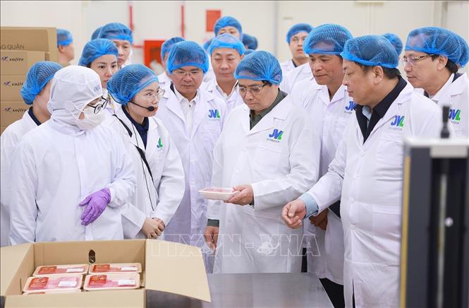 Thủ tướng Phạm Minh Chính tham quan Nhà máy chế biến thịt bò Tam Đảo (xã Minh Quang, huyện Tam Đảo). Ảnh: Dương Giang-TTXVN 
