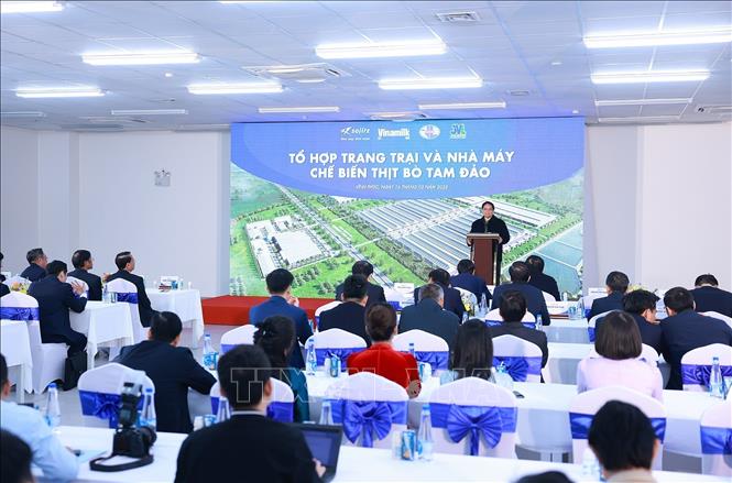 Thủ tướng Phạm Minh Chính phát biểu khi đến thăm Tổ hợp Trang trại và Nhà máy chế biến thịt bò Tam Đảo (xã Minh Quang, huyện Tam Đảo). Ảnh: Dương Giang-TTXVN 
