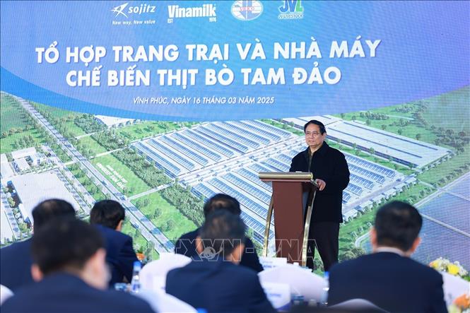 Thủ tướng Phạm Minh Chính phát biểu khi đến thăm Tổ hợp Trang trại và Nhà máy chế biến thịt bò Tam Đảo (xã Minh Quang, huyện Tam Đảo). Ảnh: Dương Giang-TTXVN 
