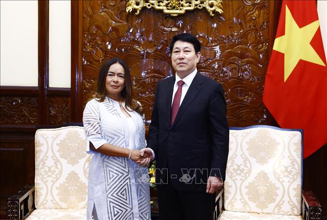 Chủ tịch nước Lương Cường tiếp Đại sứ Cộng hoà Panama Nubiela Yanarith Ayala Modes đến trình Quốc thư. Ảnh: Lâm Khánh – TTXVN