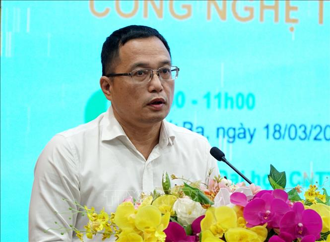Tiến sĩ Trần Thế Sơn, Phó Hiệu trưởng Trường Đại học Công nghệ Thông tin và Truyền thông Việt Hàn phát biểu tại sự kiện. Ảnh: Quốc Dũng - TTXVN