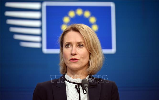 (Tư liệu) Đại diện cấp cao phụ trách an ninh và chính sách đối ngoại Liên minh châu Âu (EU) Kaja Kallas phát biểu tại cuộc họp báo ở Brussels, Bỉ. Ảnh: AA/TTXVN
