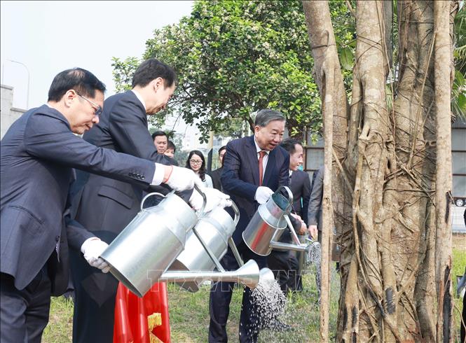 Tổng Bí thư Tô Lâm và các đại biểu trồng cây lưu niệm tại Cung Hữu nghị Việt - Trung (Hà Nội). Ảnh: Thống Nhất – TTXVN