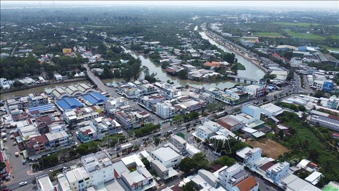 Một góc thị trấn Mỹ Thọ (Cao Lãnh, tỉnh Đồng Tháp) nhìn từ trên cao. Ảnh: Nhựt An - TTXVN