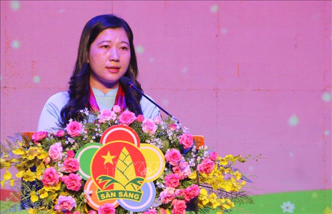 Phó Bí thư Tỉnh đoàn, Chủ tịch Hội đồng Đội tỉnh An Giang Hồ Thị Hồng Phướng phát biểu tại Đại hội. Ảnh: Công Mạo-TTXVN