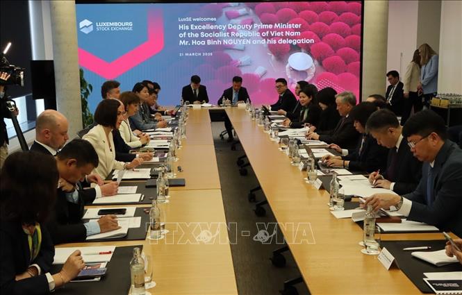Deputy PM Nguyen Hoa Binh meets with the Luxembourg Stock Exchange (LuxSE). VNA Photo: Hương Giang 