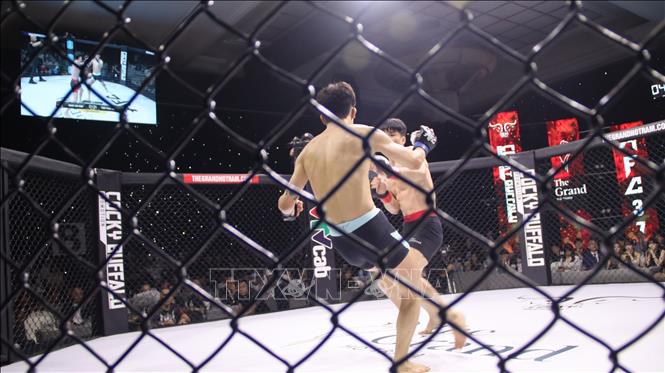 Pha tấn công của võ sĩ Quàng Văn Minh (Việt Nam) và võ sĩ Park Yeong Jun (Hàn Quốc). Ảnh: Huỳnh Sơn-TTXVN