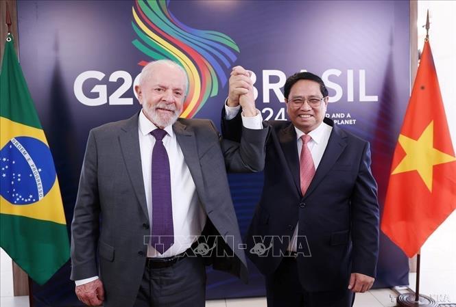 Chiều 17/11/2024, tại Rio de Janeiro, Thủ tướng Phạm Minh Chính hội đàm với Tổng thống Brazil Luiz Inácio Lula da Silva. Hai bên ra Tuyên bố chung nâng cấp quan hệ Việt Nam - Brazil lên Đối tác Chiến lược. Ảnh: Dương Giang – TTXVN
