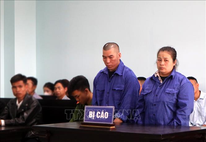 Bị cáo Phạm Thị Tuyết Chinh (sinh năm 1988, trú thị trấn Giao Thủy, huyện Giao Thủy, tỉnh Nam Định) và Vi Văn Nhập (sinh năm 1983, trú xã Châu Bính, huyện Quỳ Châu, tỉnh Nghệ An) tại phiên tòa. Ảnh: Văn Tý-TTXVN