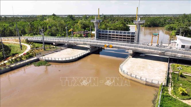 Cống Tân Phú, xã Tân Phú, huyện Châu Thành, tỉnh Bến Tre hoàn thành đưa vào sử dụng năm 2024, góp phần ngăn mặn, trữ ngọt vùng thượng nguồn sông Ba Lai, giúp bảo vệ vùng trồng cây ăn trái đặc sản của huyện Châu Thành trước nguy cơ ảnh hưởng của hạn, mặn. Ảnh: Vũ Sinh – TTXVN