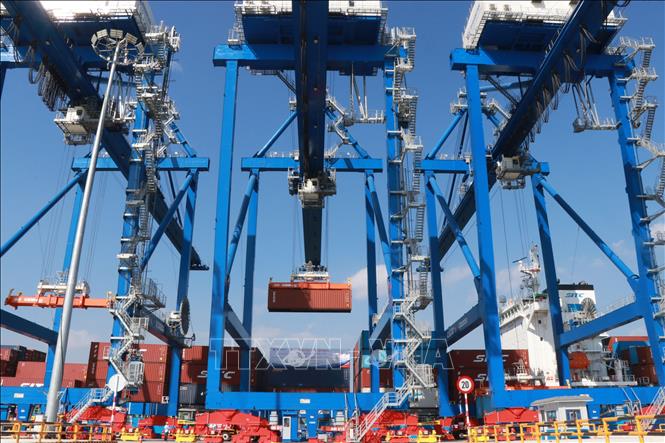 Hệ thống cẩu điện chuyển container hàng hóa tại cảng Phước An. Ảnh: Công Phong - TTXVN