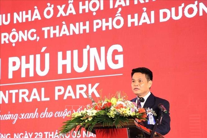 Chủ tịch UBND tỉnh Hải Dương Lê Ngọc Châu phát biểu chỉ đạo tại lễ khởi công. Ảnh: Mạnh Minh – TTXVN
