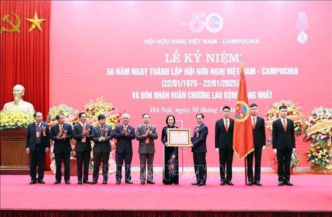 Deputy Prime Minister, Minister of Foreign Affairs Bui Thanh Son presents the Labour Order, First Class to the Vietnam - Cambodia friendship association. VNA Photo: An Đăng