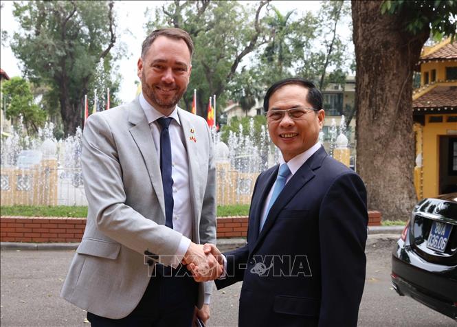 Deputy Prime Minister and Minister of Foreign Affairs Bui Thanh Son welcomes Belgian counterpart Maxime Prévot. VNA Photo: An Đăng