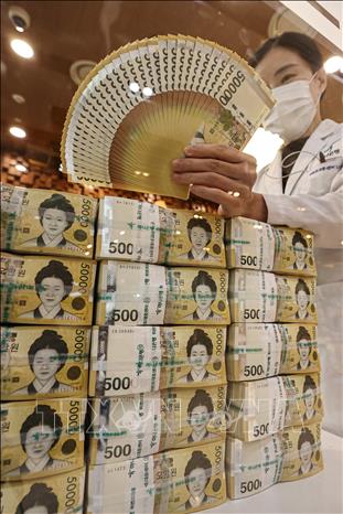 Kiểm đếm tiền 50.000 won tại một ngân hàng ở Seoul, Hàn Quốc. Ảnh: Yonhap/TTXVN