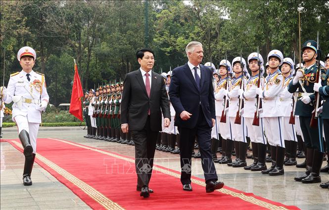 State President Luong Cuong and Belgian King Philippe review the guard of honour. VNA Photo: Lâm Khánh 