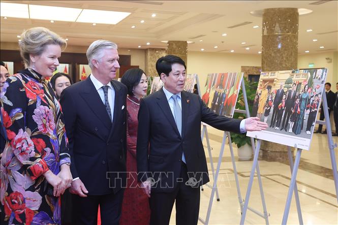 Chủ tịch nước Lương Cường và Phu nhân cùng Nhà Vua Vương quốc Bỉ Philippe và Hoàng hậu Mathilde tham quan Trưng bày ảnh về quan hệ hai nước do Thông tấn xã Việt Nam thực hiện. Ảnh: Lâm Khánh – TTXVN