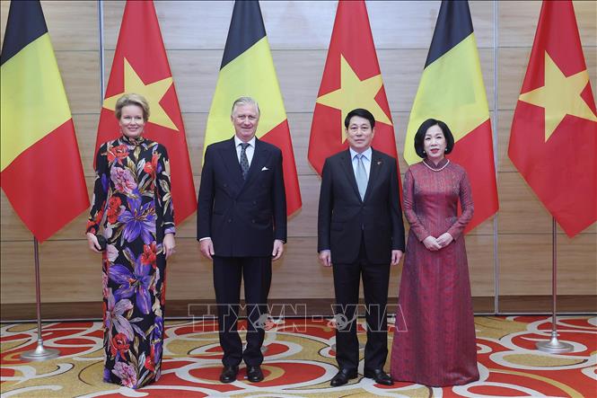 Chủ tịch nước Lương Cường và Phu nhân đón Nhà Vua Vương quốc Bỉ Philippe và Hoàng hậu Mathilde dự tiệc chiêu đãi. Ảnh: Lâm Khánh – TTXVN