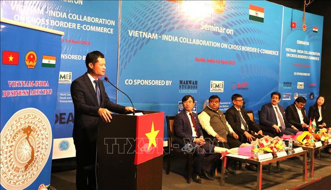 Ông Đỗ Quốc Hưng - Phó Vụ trưởng Vụ Phát triển thị trường nước ngoài, thuộc Bộ Công thương phát biểu khai mạc Hội thảo. Ảnh: Ngọc Thúy - PV TTXVN tại Ấn Độ
