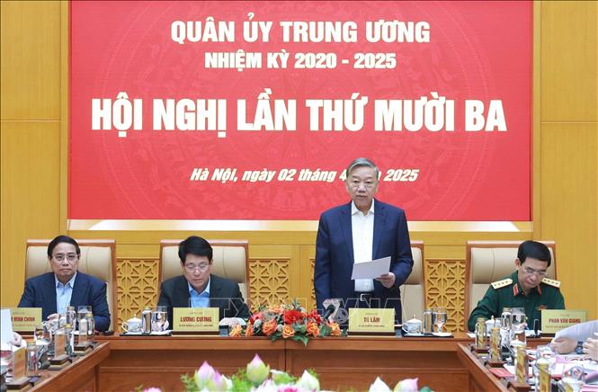 Tổng Bí thư Tô Lâm, Bí thư Quân uỷ Trung ương chủ trì Hội nghị Quân uỷ Trung ương lần thứ mười ba, nhiệm kỳ 2020-2025. Ảnh: Thống Nhất – TTXVN