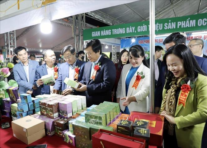 Phó Chủ tịch UBND tỉnh Phú Thọ Nguyễn Mạnh Sơn cùng đại biểu tham quan các gian trưng bày, giới thiệu sản phẩm OCOP. Ảnh: Tạ Toàn – TTXVN