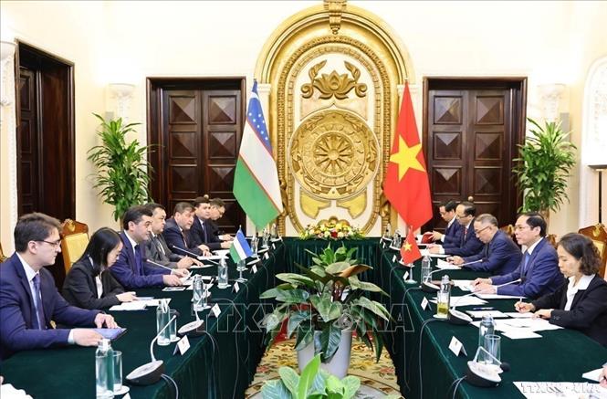Bộ trưởng Bộ Ngoại giao Bùi Thanh Sơn hội đàm với Bộ trưởng Ngoại giao Uzbekistan Bakhtiyor Saidov (Hà Nội,18/3/2024). Ảnh: Minh Đức – TTXVN