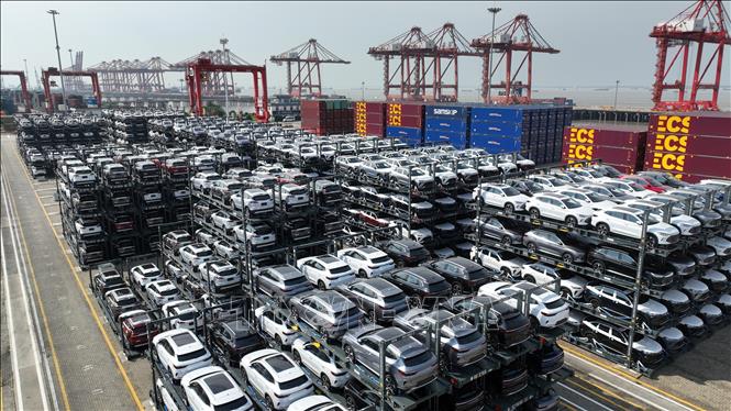 Xe điện xuất khẩu tại khu cảng Thái Thương, tỉnh Giang Tô, Trung Quốc. Ảnh: THX/TTXVN