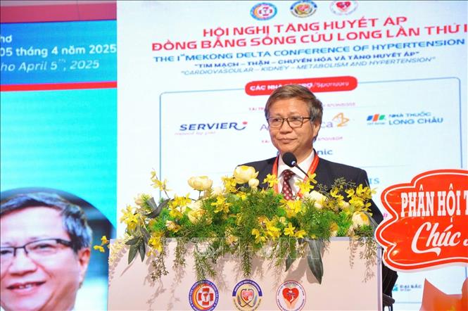 GS.TS. Huỳnh Văn Minh, Chủ tịch Hội Tim mạch học Việt Nam/Chủ tịch Phân hội Tăng huyết áp Việt Nam phát biểu tại hội nghị. Ảnh: Ánh Tuyết - TTXVN