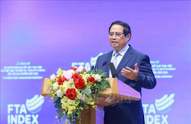 Thủ tướng Phạm Minh Chính phát biểu tại Lễ công bố Bộ chỉ số đánh giá kết quả thực hiện các hiệp định thương mại tự do (FTA INDEX) của các địa phương năm 2024. Ảnh: Dương Giang -TTXVN