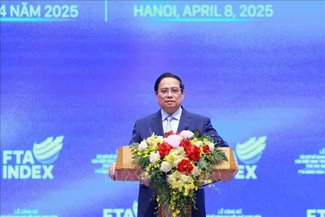 Thủ tướng Phạm Minh Chính phát biểu tại Lễ công bố Bộ chỉ số đánh giá kết quả thực hiện các hiệp định thương mại tự do (FTA INDEX) của các địa phương năm 2024. Ảnh: Dương Giang-TTXVN
