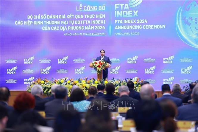 Thủ tướng Phạm Minh Chính phát biểu tại Lễ công bố Bộ chỉ số đánh giá kết quả thực hiện các hiệp định thương mại tự do (FTA INDEX) của các địa phương năm 2024. Ảnh: Dương Giang-TTXVN

